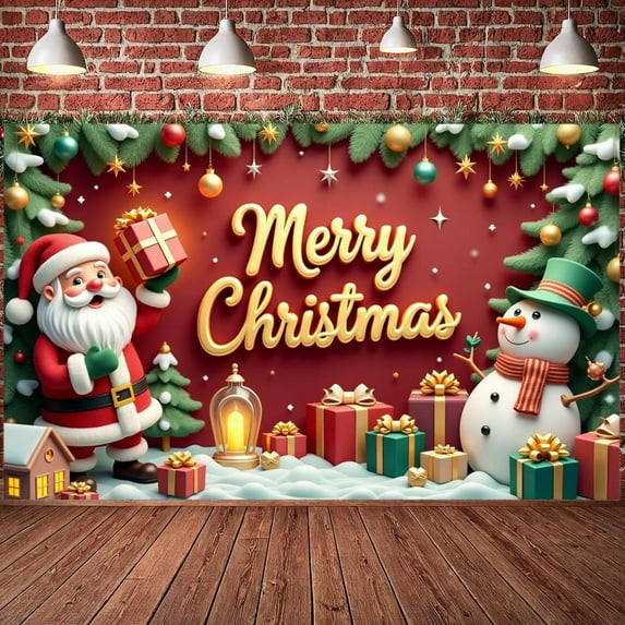 Red Background Christmas Banner Gold Lettering Merry Christmas Banner Santa Claus Design Snowman Pattern Xmas Banner for Christmas Party Holiday Celebration Family Gathering