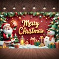 thumbnail image 1 of Red Background Christmas Banner Gold Lettering Merry Christmas Banner Santa Claus Design Snowman Pattern Xmas Banner for Christmas Party Holiday Celebration Family Gathering, 1 of 9