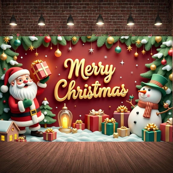 Red Background Christmas Banner Gold Lettering Merry Christmas Banner Santa Claus Design Snowman Pattern Xmas Banner for Christmas Party Holiday Celebration Family Gathering