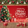 thumbnail image 1 of Red Background Christmas Banner Gold Lettering New Year Banner Snowflake Design Gift Box Pattern Holiday Banner for Christmas Party New Year Celebration Home Decoration, 1 of 8