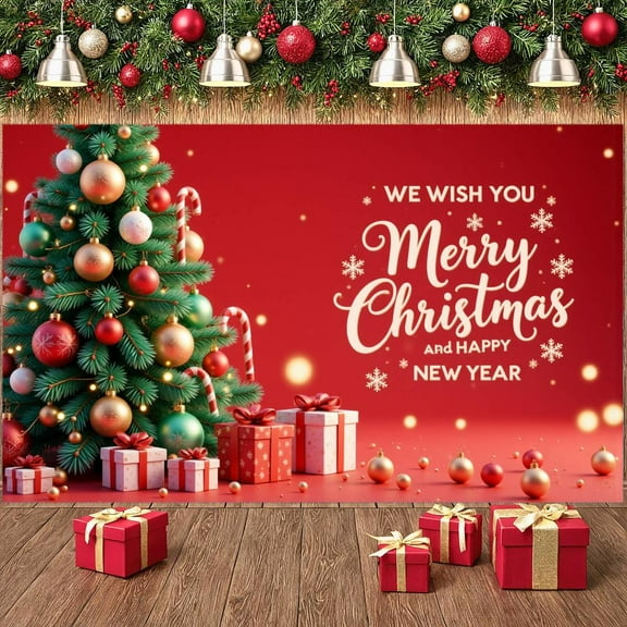 Red Background Christmas Banner Gold Lettering New Year Banner Snowflake Design Gift Box Pattern Holiday Banner for Christmas Party New Year Celebration Home Decoration