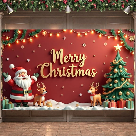 Red Background Christmas Banner Gold Lettering Xmas Display Santa Claus Design Reindeer Pattern Holiday Backdrop for Christmas Party Indoor Celebration Family Event