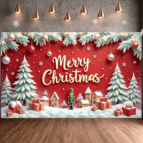 Red Background Christmas Banner Gold Lettering Xmas Display Snowflake Pattern Ornament Decor Holiday Backdrop for Christmas Party Family Reunion Indoor Celebration