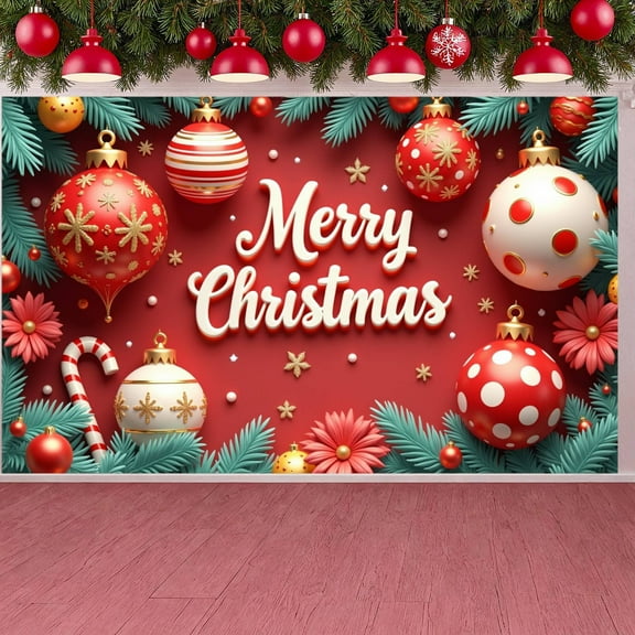 Red Background Christmas Banner Gold Snowflakes Festive Backdrop Christmas Ornaments Pine Branches Holiday Background for Christmas Party Home Decor Family Event