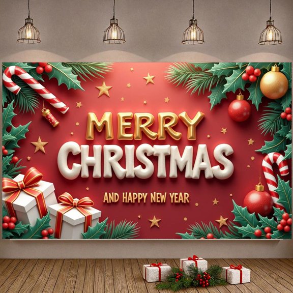 Red Background Christmas Banner Gold Stars Merry Christmas Banner Christmas Decorations Gift Boxes Holiday Banner for Christmas Party New Year Celebration Holiday Decoration