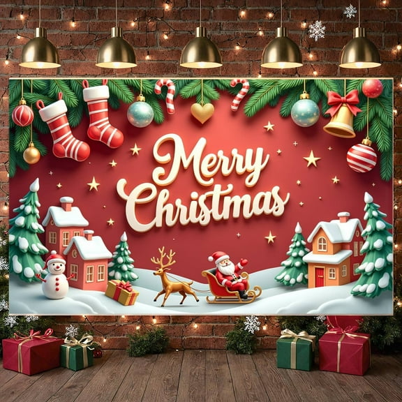 Red Background Christmas Banner Gold Stars Xmas Display Christmas Stockings Jingle Bells Holiday Backdrop for Family Gathering Holiday Party Photo Backdrop