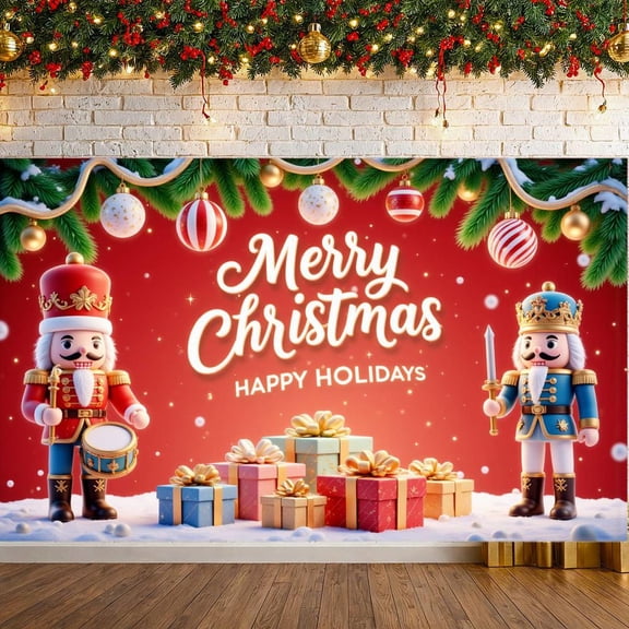 Red Background Christmas Banner Nutcracker Design Holiday Banner Christmas Ornaments Gift Boxes Xmas Banner for Christmas Party Family Gathering Xmas Celebration