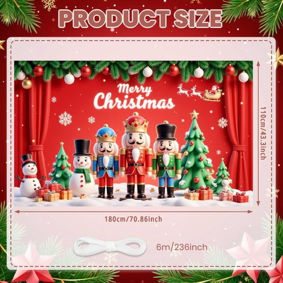 Red Background Christmas Banner Nutcracker Theme Merry Christmas Banner Snowflake Pattern Christmas Elements Holiday Banner for Home Party Christmas Celebration Indoor Decoration