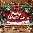 thumbnail image 1 of Red Background Christmas Banner Pine Garland Gold Bells Snowman Design Holiday Decoration for Christmas Party Indoor Decoration Winter Celebration, 1 of 9