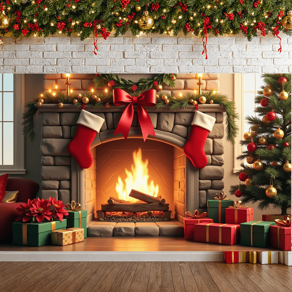 Red Background Christmas Banner Pine Garland Gold Bells Snowman Design Holiday Decoration for Christmas Party Indoor Decoration Winter Celebration