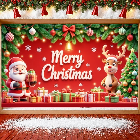 Red Background Christmas Banner Snowflake Pattern Xmas Display Golden Bell Gift Boxes Holiday Backdrop for Christmas Party Indoor Celebration Family Gathering
