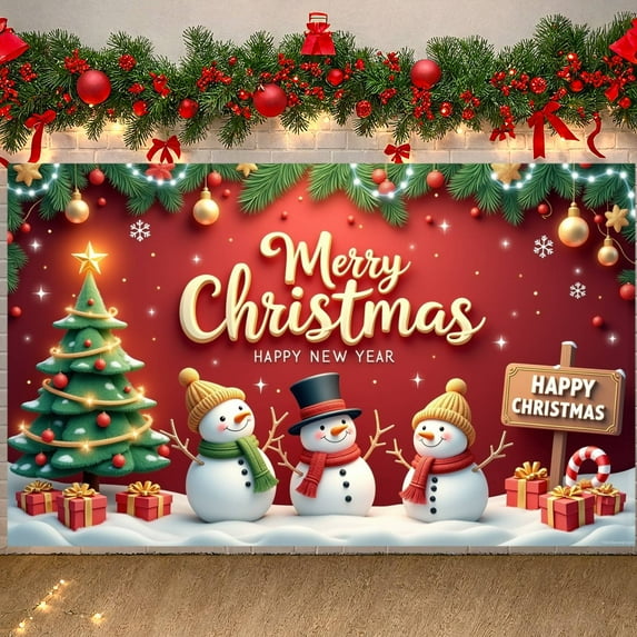 Red Background Christmas Banner Snowman Design Xmas Display Christmas Tree Decor Gift Box Pattern Holiday Backdrop for Christmas Party New Year Celebration Indoor Decoration