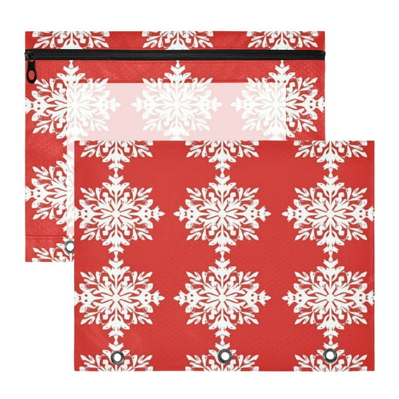 Red Background Christmas Snowflakes 3-Ring Binder Pouches A4 Size Zipper Pocket File Storage 2 Packs