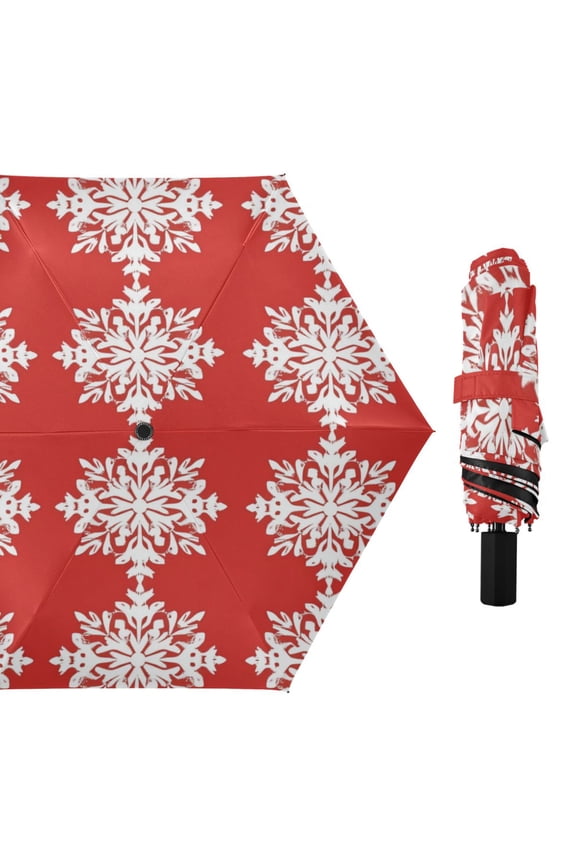 Red Background Christmas Snowflakes All Weather Umbrella Triple Folding Parasol 6 Ribs UV Protection Portable