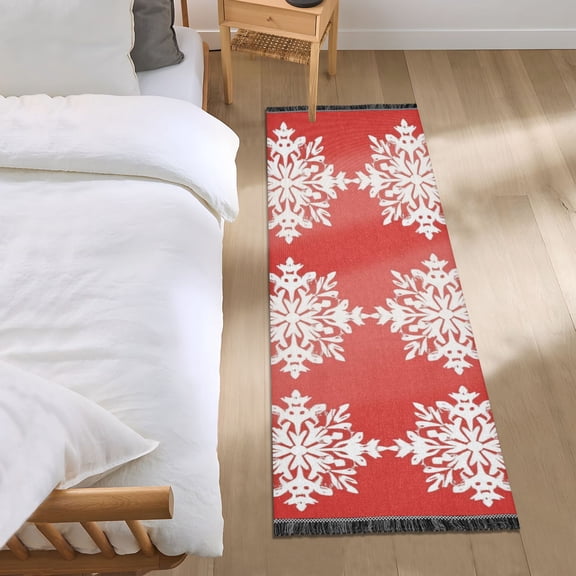 Red Background Christmas Snowflakes Bedside Runner Rug 2'x 6' Non Slip Carpet Floor Mat Area Rug