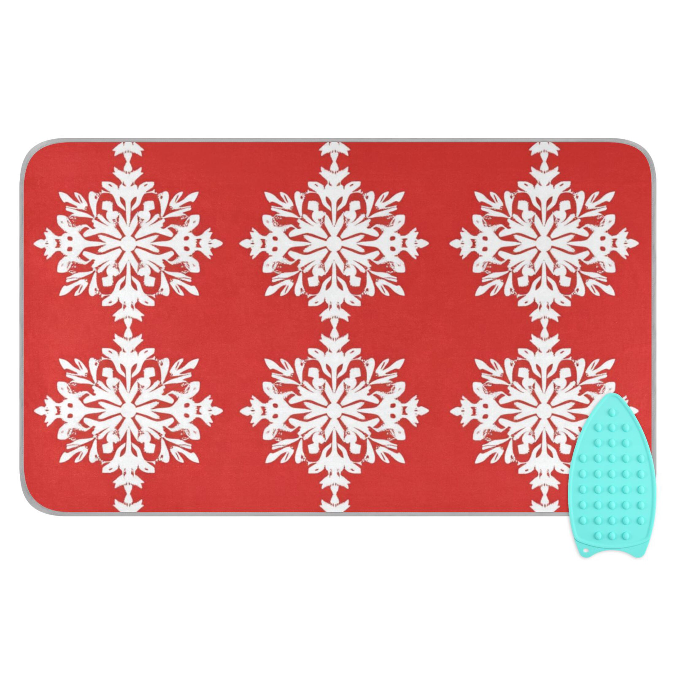 Red Background Christmas Snowflakes Ironing Mat Blanket Portable Travel Ironing Pad Heat Resistant Pad 47.2" x 27.6”