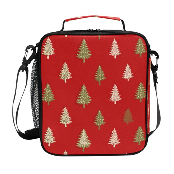 Red Background Christmas Tree Insulated Lunch Bag Reusable Lunch Box Lunch Container with Straps