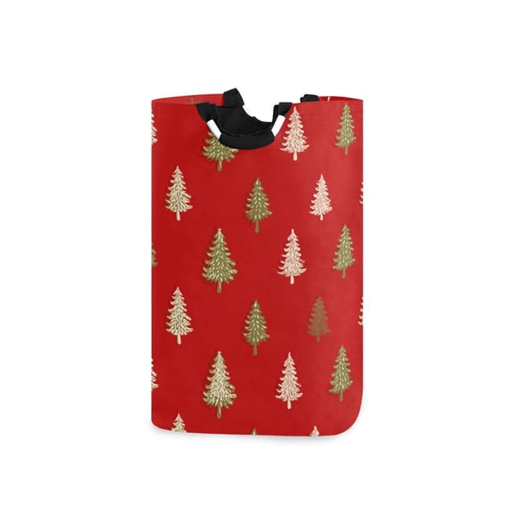 Red Background Christmas Tree Laundry Basket with Handles Foldable Laundry Hamper Freestanding Washing Bin 50L