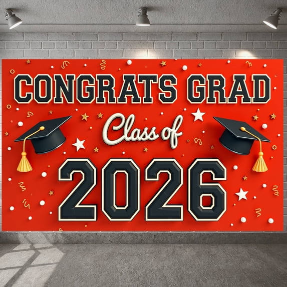 Red Background Congrats Grad Banner Star Pattern Graduation Backdrop Varsity Lettering Class of 2026 Display for High School Graduation College Graduation Graduation Party