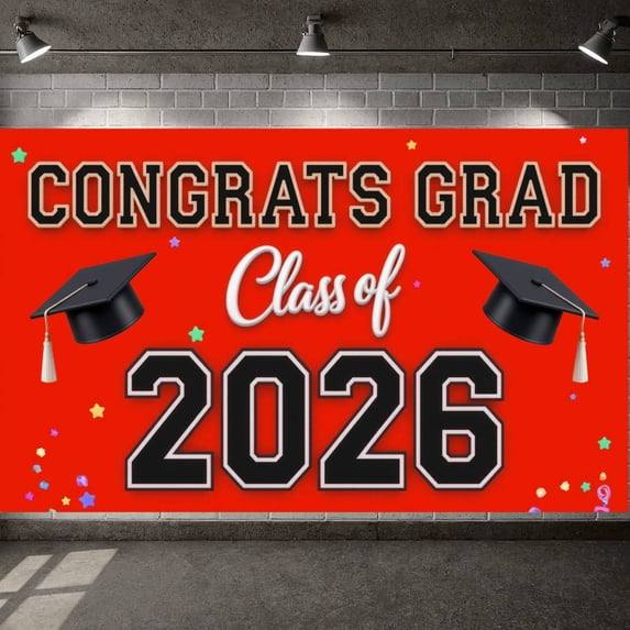 Red Background Congrats Grad Banner Star Pattern Graduation Backdrop Varsity Lettering Class of 2026 Display for High School Graduation College Graduation Graduation Party