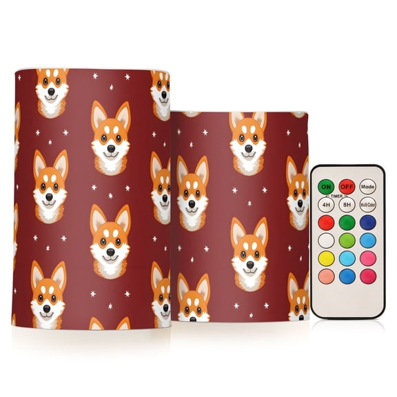 Red - Background Corgi Face Flickering Flameless Candles Battery Operated with Remote Timer LED Pillar Candles Set of 2