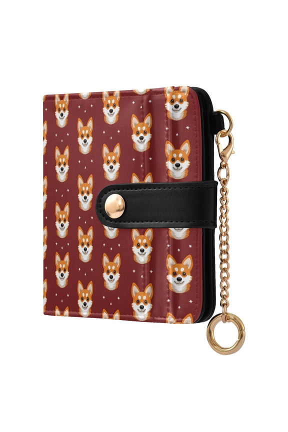 Red - Background Corgi Face Small Wallet for Women RFID Blocking Bifold PU Leather Credit Card Holder with Zipper Coin Pocket Compact Cute Travel Purse Magnetic Snap 7 Card Slots