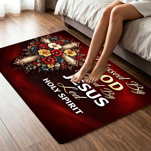 Red Background Cross Flower Holy Spirit Text Doormat,16x24/20x32/24x36/16x47/31x47 inch,Polyester,Entryway Porch Floor Decor