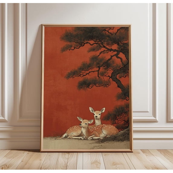 Red Background Deer Japanese Style Wildlife Pine Tree Nature Poster ...