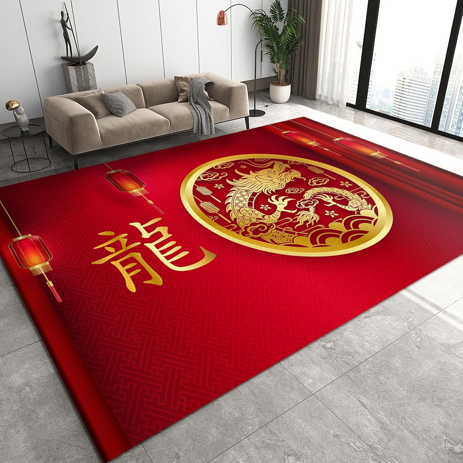 Red Background Golden Dragon Area Rug, Chinese Style Chinese Characters ...