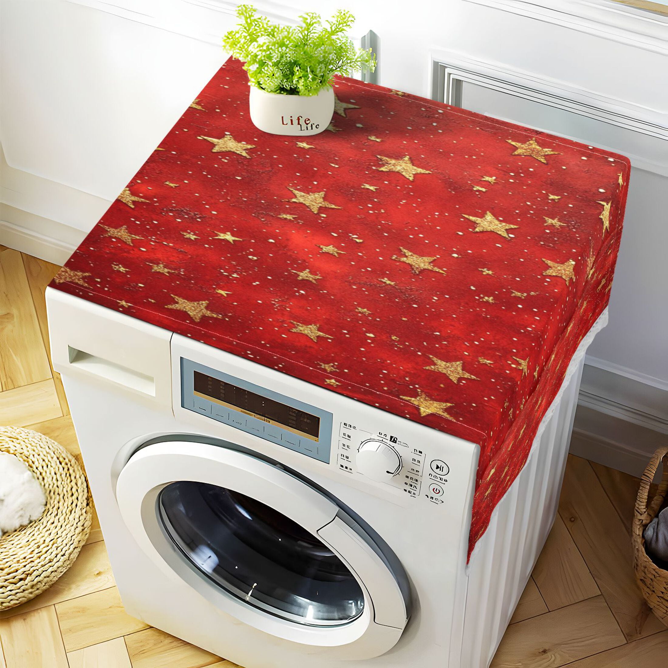 Red Background with Golden StarsWasher and Dryer Covers Dust-Proof and Oil Resistant Fridge Cover with 4 Storage Pockets Washing Machine Top Cover for Laundry Kitchen Home 51.2 x 22 In