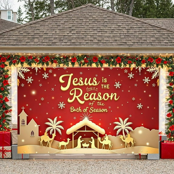 Red Background Jesus Nativity Scene Banner for Christmas Celebration Church Decoration Holiday Season