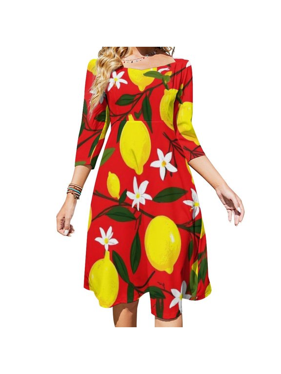 Red Background Lemon Floral Pattern Women's 3/4 Sleeve Dresses Elegant A-Line Midi Dress Flare Summer Casual Sundress