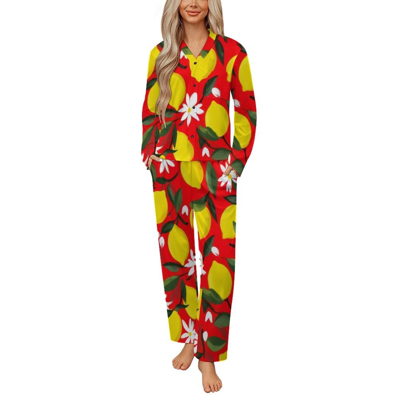Red Background Lemon Floral Pattern Womens Pyjamas Set Button Up ...