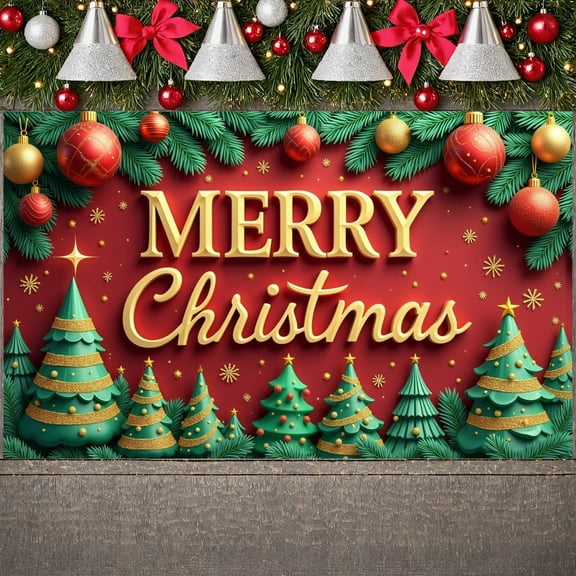Red Background Merry Christmas Banner Gold Lettering Christmas Backdrop Pine Tree Design Snowflake Decor Festive Banner for Christmas Party Home Decoration Holiday Gathering