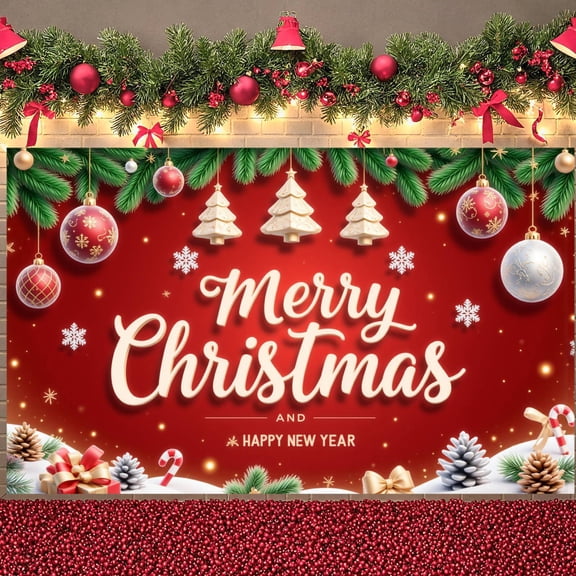 Red Background Merry Christmas Banner Gold Ornaments Happy New Year Display Snowflake Design Christmas Tree 2026 Holiday Backdrop for Christmas Party New Year Eve Home Celebration