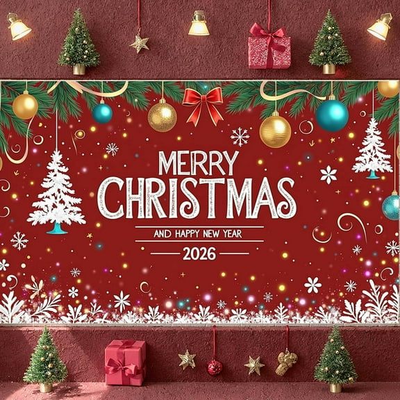 Red Background Merry Christmas Banner Gold Ornaments Happy New Year Display Snowflake Design Christmas Tree 2026 Holiday Backdrop for Christmas Party New Year Eve Home Celebration
