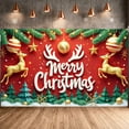 thumbnail image 1 of Red Background Merry Christmas Banner Golden Reindeer Xmas Display Green Pine Tree Gold Star Ornament Holiday Backdrop for Christmas Party Indoor Event Festive Photo Shoot, 1 of 9