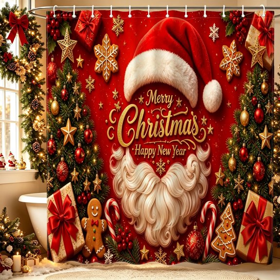 Red Background Merry Christmas Script Shower Curtain, Polyester,70.8x70.8 inch, Family Gathering, Commercial Layout, Holiday Background