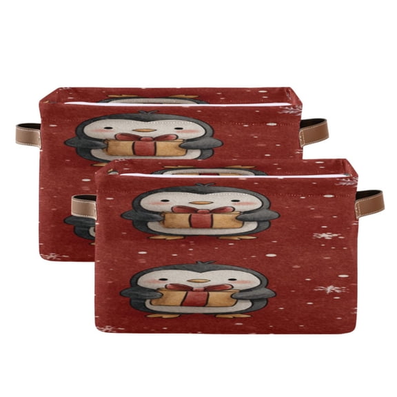 Red Background Penguins with Christmas Gifts Square Storage Bins with Handles Collapsible Containing Box 2 Packs