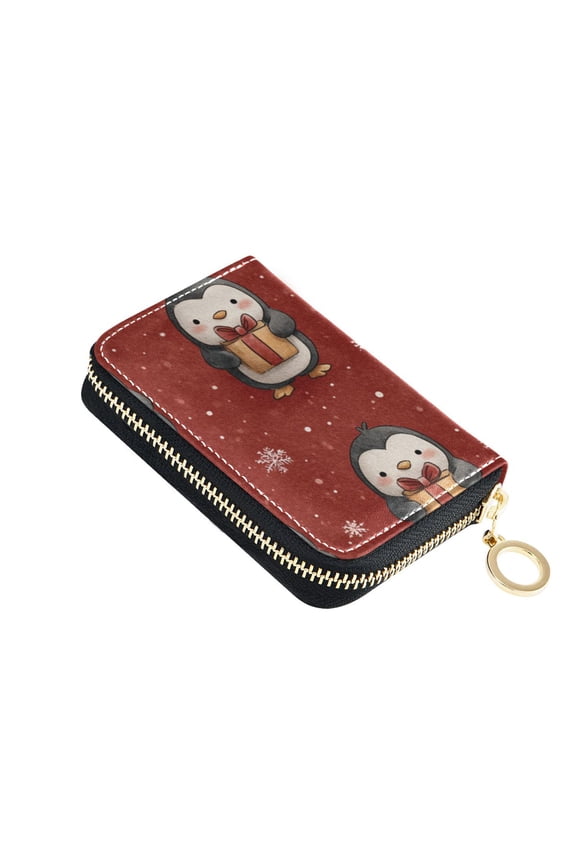 Red Background Penguins with Christmas Gifts Women's Credit Card Holder PU Leather Zipper Wallet RFID Blocking