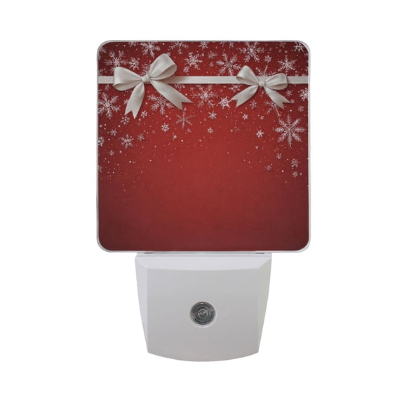 Red Background Silk Bows Snowflakes Christmas LED Night Light Sensor Lamp Plug-in Adjustable Brightness 2 Pack