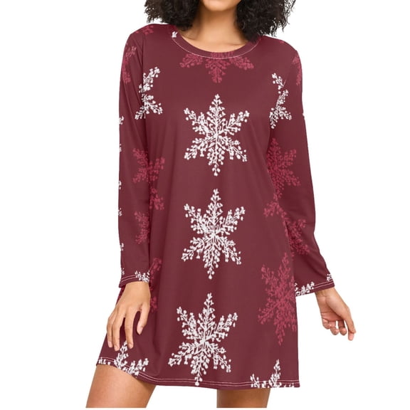 Red Background Snowflakes Christmas Women's Long Sleeves Nightgowns Sleepwear Soft Pajama A-line Sleep Dress S