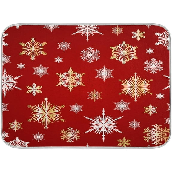 Red Background Snowflakes Dish Drying Mat for Kitchen Counter, Absorbent Reversible Dish Draining Mat,Rack Pad for Countertop, 18 x 24 Inches