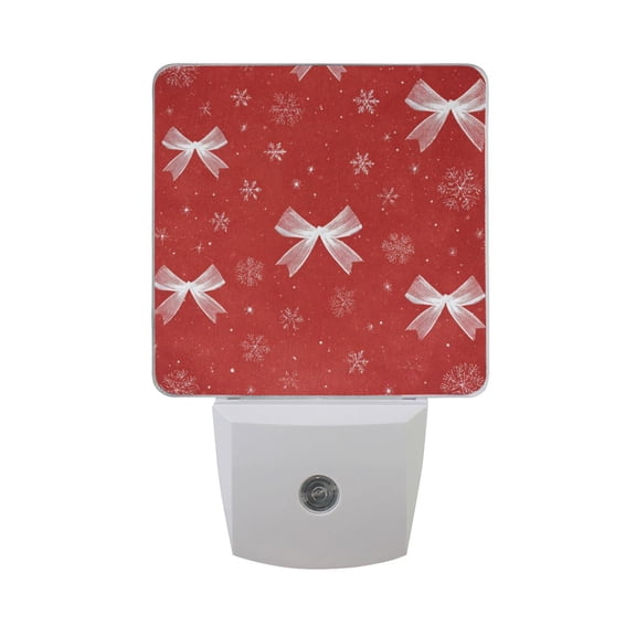 Red Background Snowflakes White Bows Christmas LED Night Light Sensor Lamp Plug-in Adjustable Brightness 2 Pack