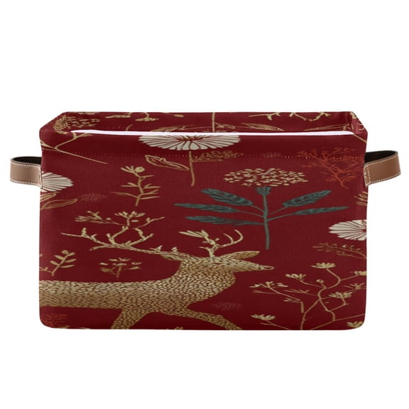 Red Background with Golden Deer Flowers Christmas Square Storage Bins with Handles Collapsible Containing Box 1 Pack