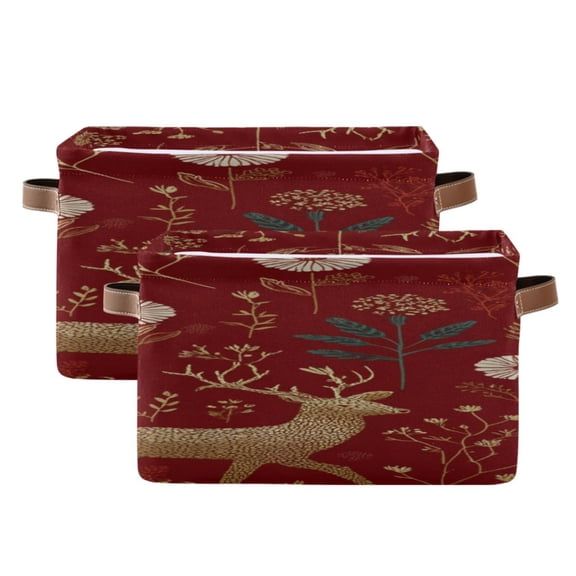 Red Background with Golden Deer Flowers Christmas Square Storage Bins with Handles Collapsible Containing Box 2 Packs