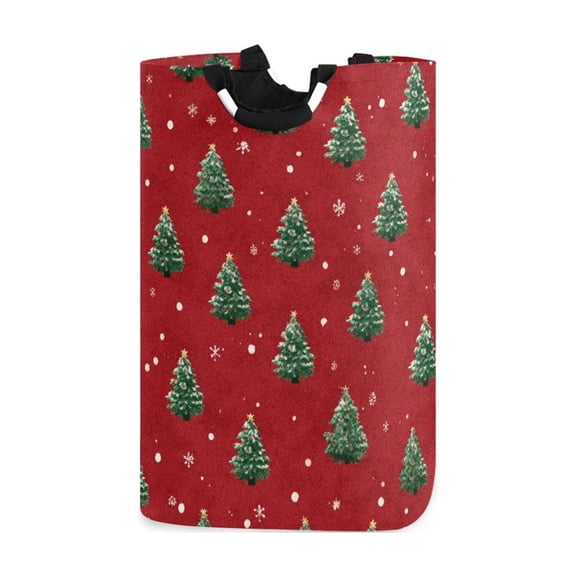Red Background with Small Christmas Tree Laundry Basket with Handles Foldable Laundry Hamper Freestanding Washing Bin 50L