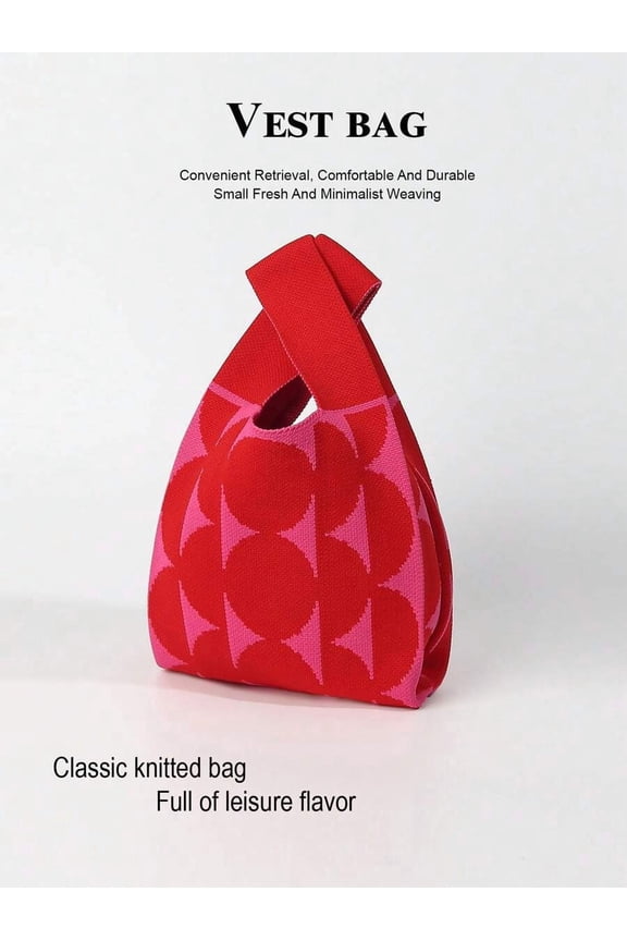 Red Bag With Geometric Pattern, Compact Foldable Top Handle Tote