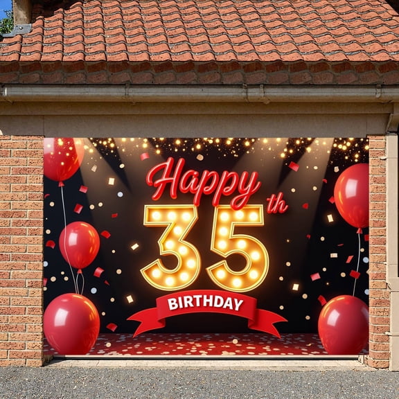Red Balloons 35th Birthday Banner Golden Light-Up Numbers Display Confetti Decor Red Ribbon 35th Anniversary Backdrop for 35th Birthday Party Adult Birthday Celebration Indoor Party