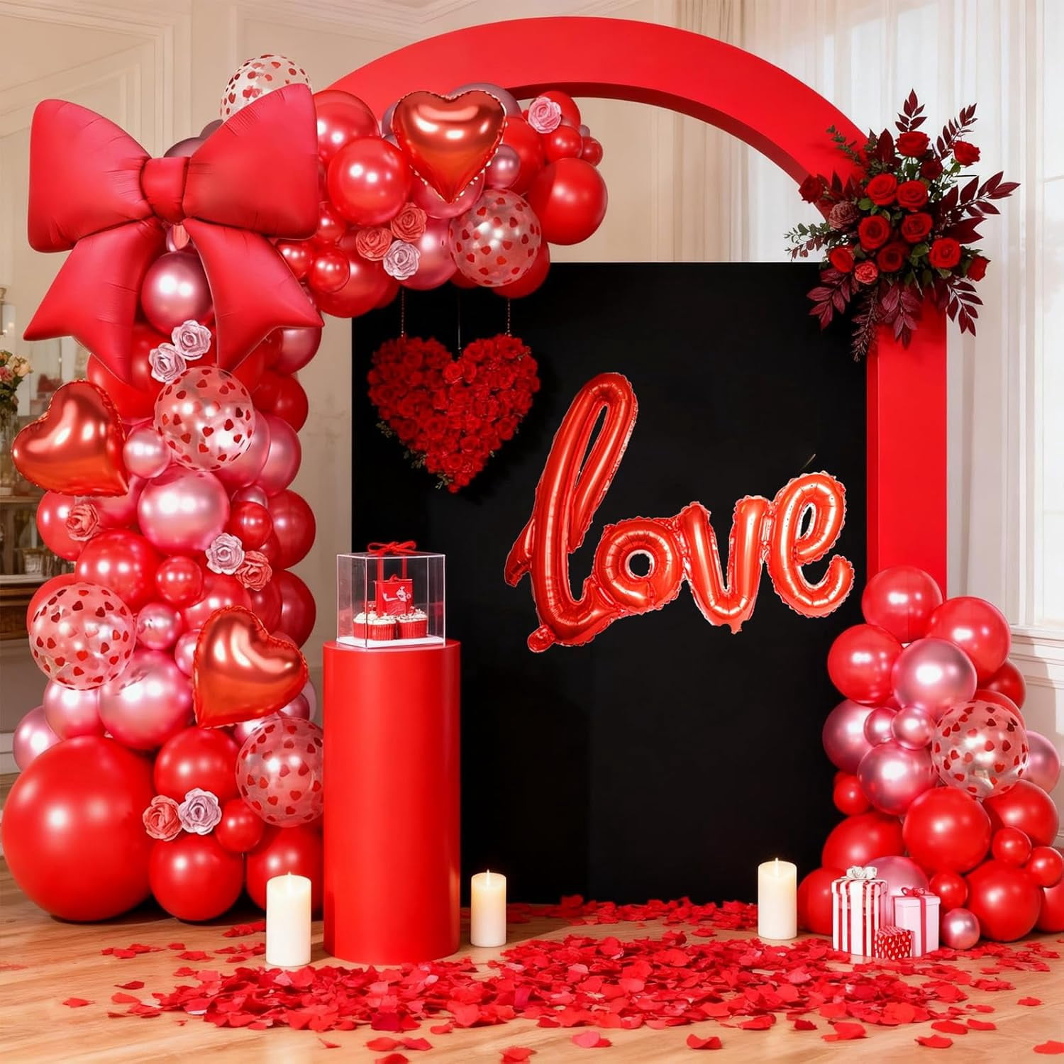 Red Balloons Arch Kit, Metallic Red Pearl Balloon Garland Arch, Heart Confetti Balloons Bow Heart Love Foil Balloon For Valentine's Day Birthday Party Wedding Engagement Decor